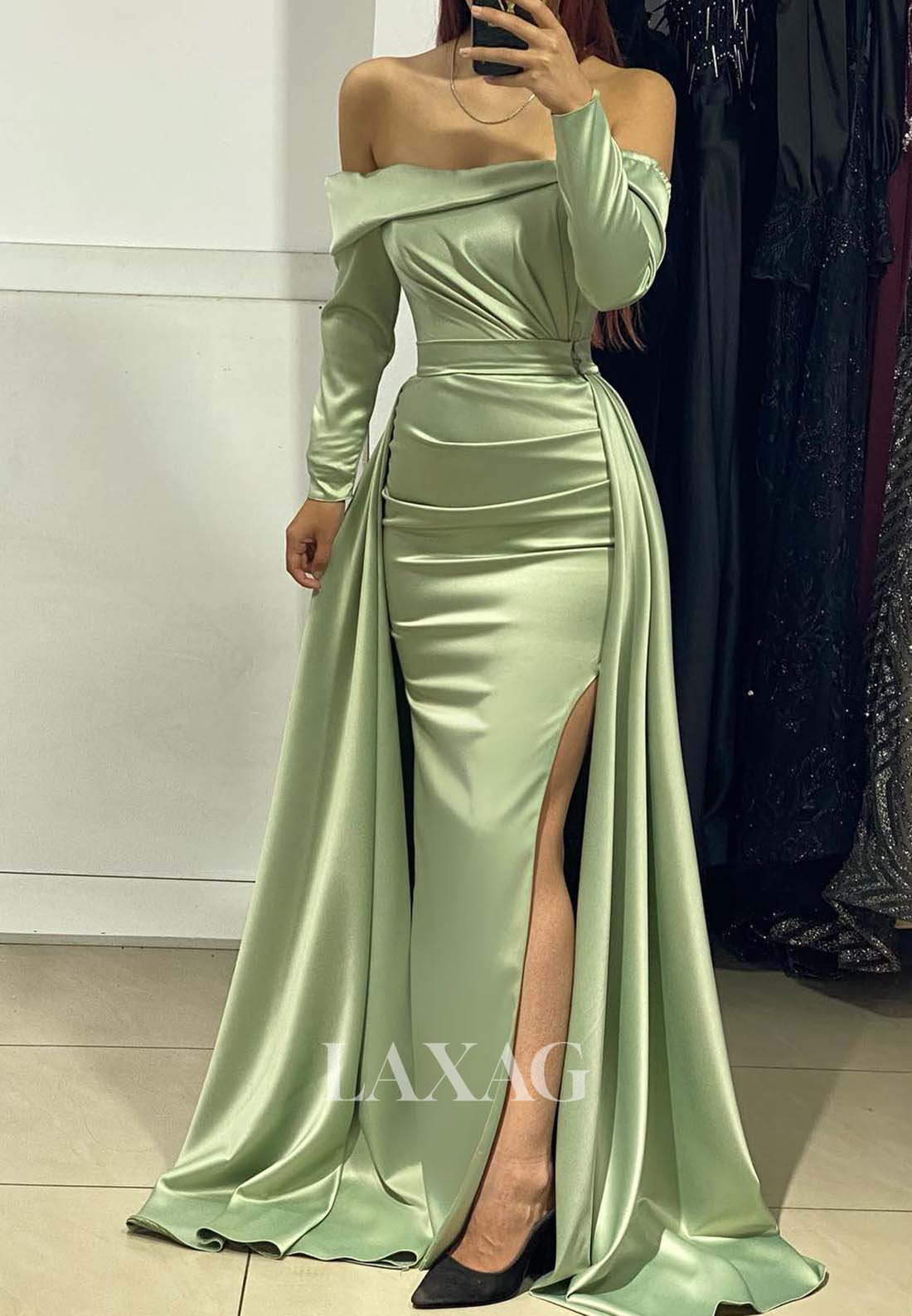 Off-Shoulder Long-Sleeves Evening Gowns Pleated Satin Mermaid Prom Dress with Overskirt