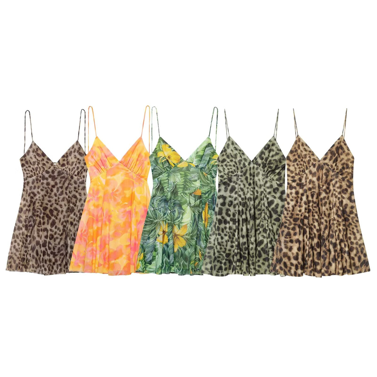 Printed Slim Fit Silk Net V neck Short Dress Fashionable Sexy Leopard Print Cami Dress Sexy