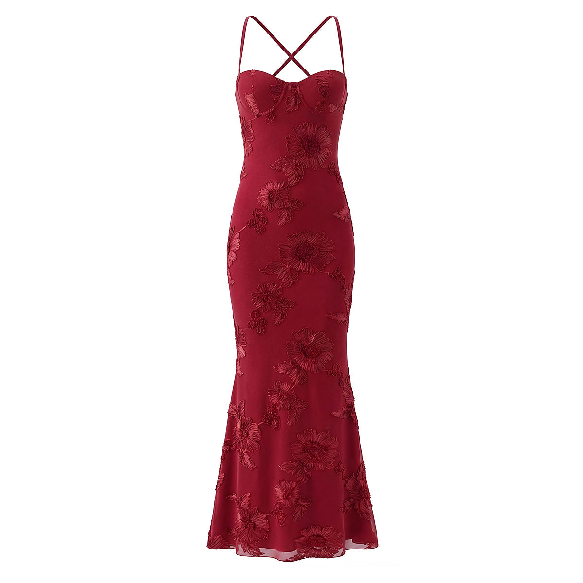 Three Dimensional Floral Embroidered Strap Dress Sexy Big Backless Lace up Slim Fit Boning Corset Steel Bracket Dress