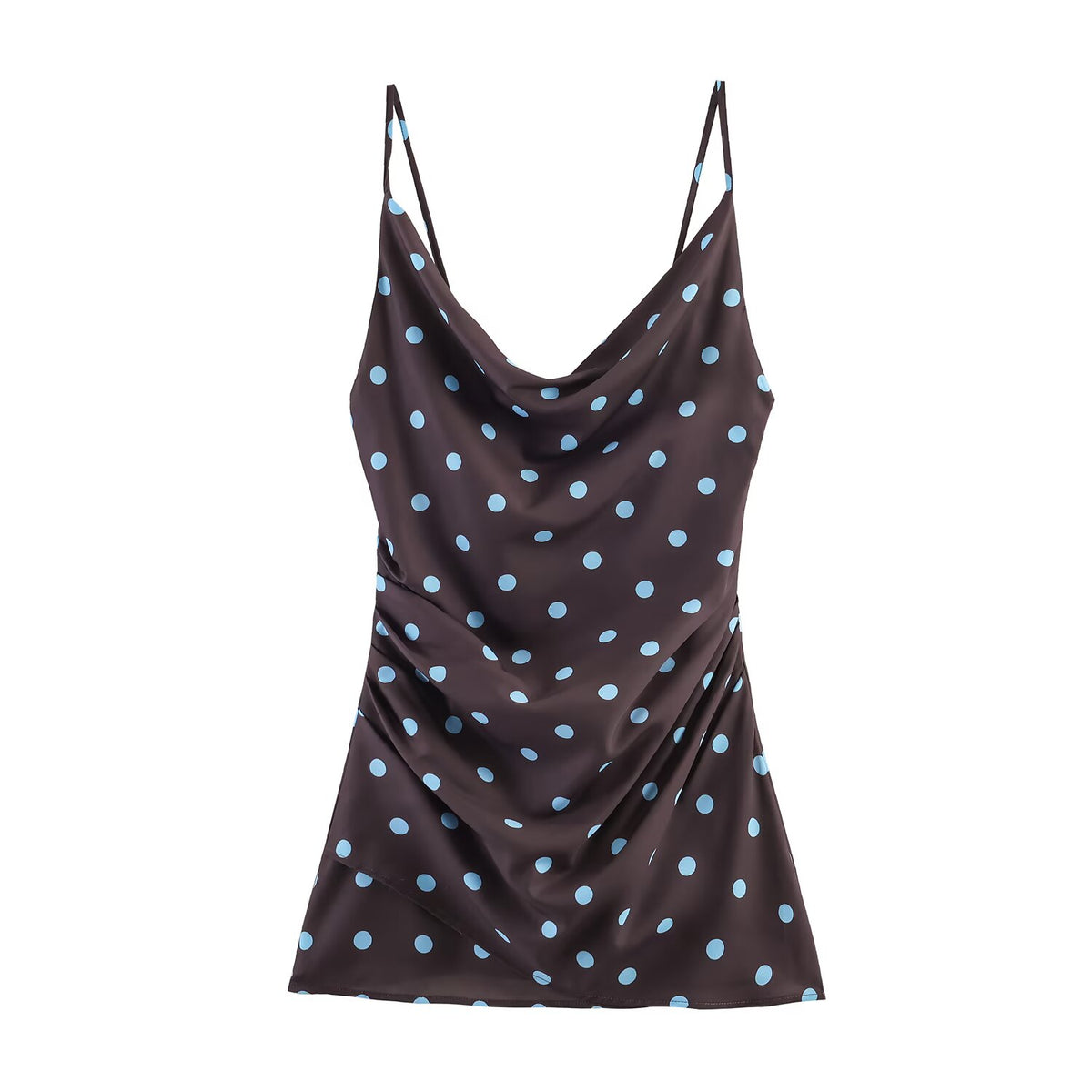 Polka Dot Satin Cowl Neck Cami Ruched Side Mini Dress 8