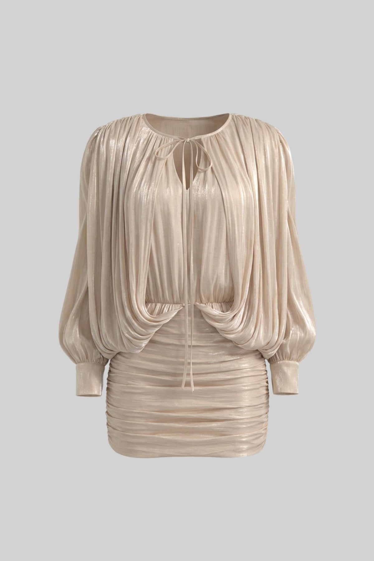 Pleated Tie Neck Batwing Long Sleeve Ruched Mini Dress 2