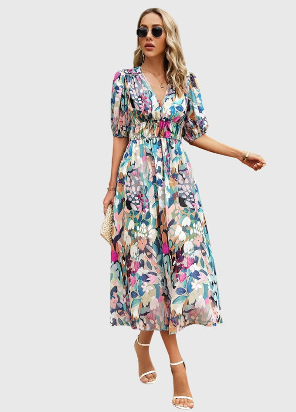 Floral Chiffon Deep V-Neck Puff Sleeve Smocked Maxi Dress