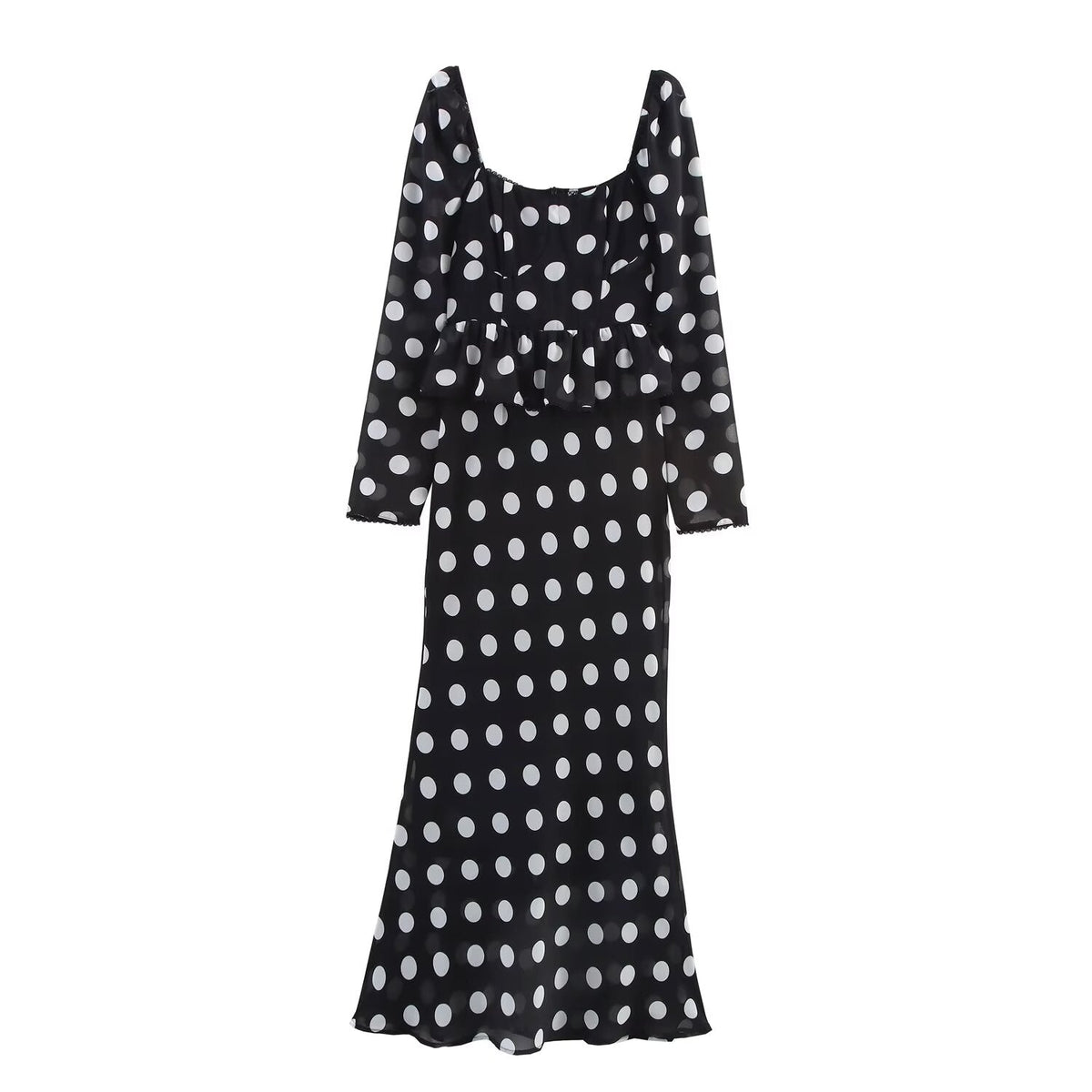 Polka Dot Square Neck Long Sleeve Ruffle Waist Maxi Dress 2