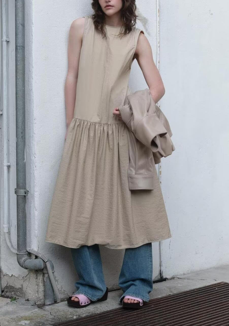 Crew Neck Sleeveless Drop Waist Gathered Skirt Midi Dress