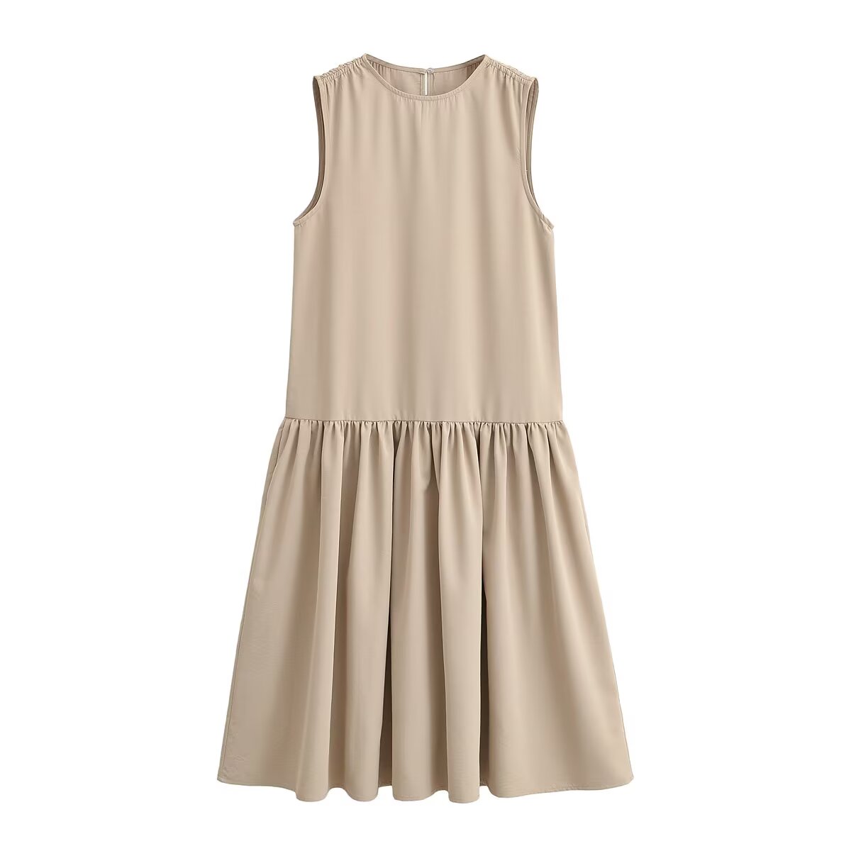 Crew Neck Sleeveless Drop Waist Gathered Skirt Midi Dress 2