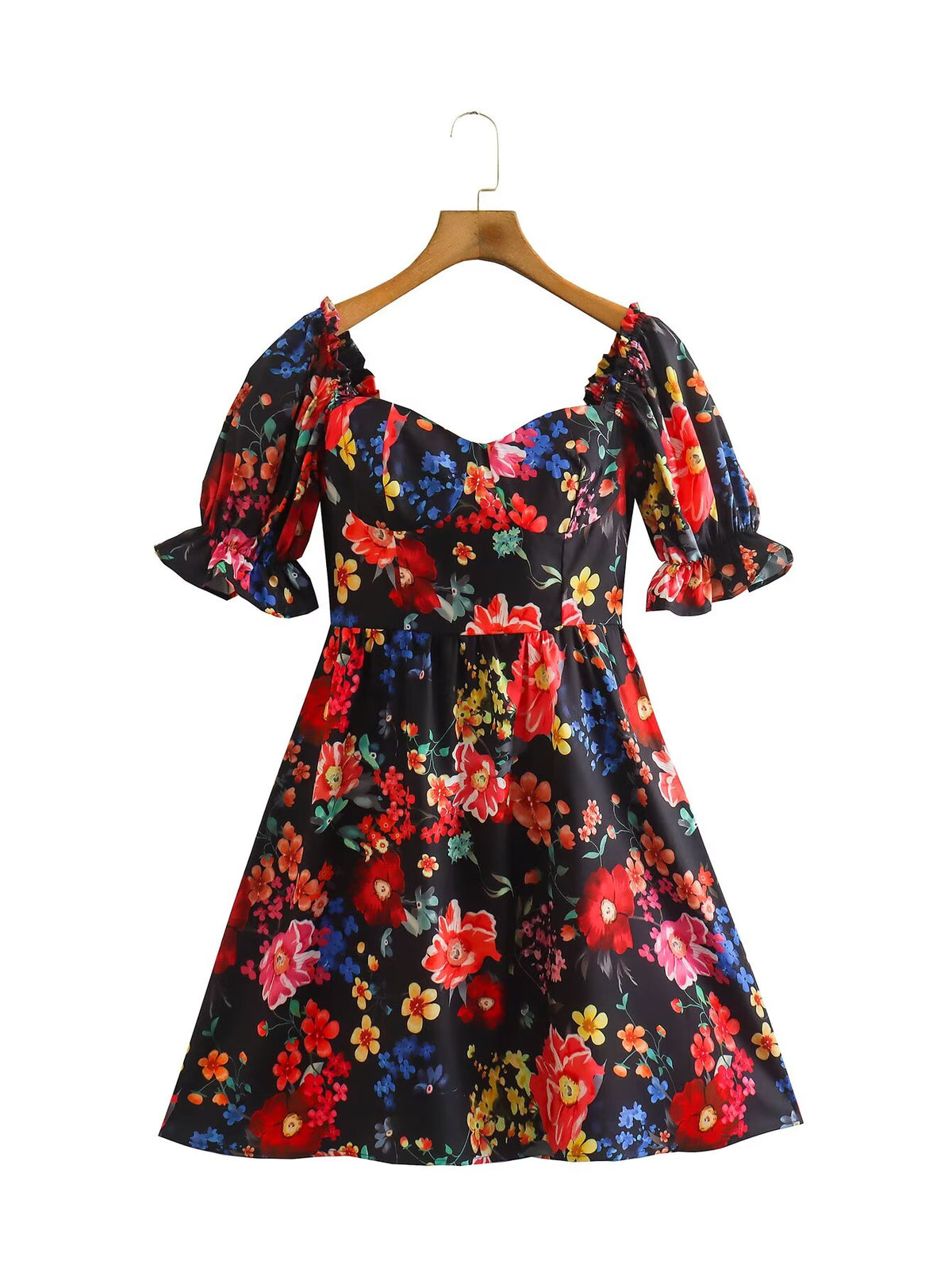 Floral Print Sweetheart Neck Puff Sleeve Fit and Flare Mini Dress 3
