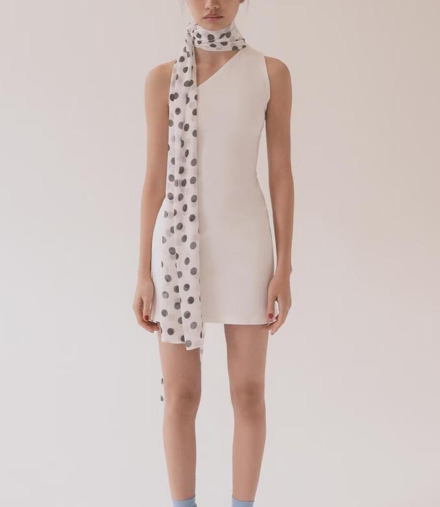 One Shoulder Sleeveless Polka Dot Scarf Neck Bodycon Mini Dress