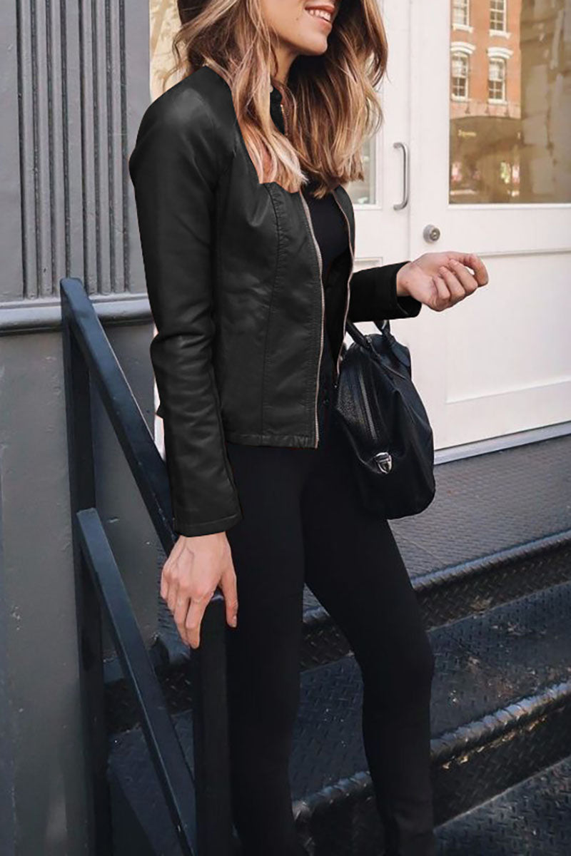 Solid Zipper Front Faux Leather Crop Jacket