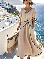V-Neck Short Sleeve Twist Front A-Line Midi Dress