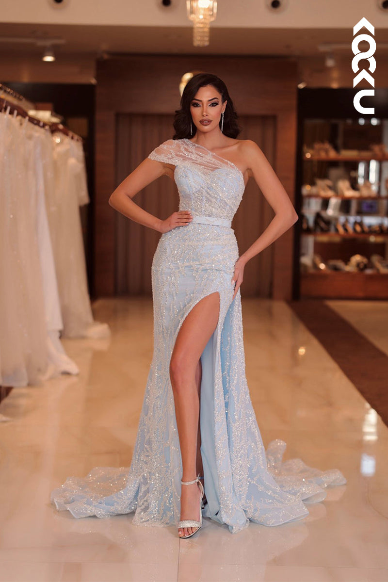 L1212 - Sheath/Column One Shoulder Satin Beaded Sleeveless Prom Evening Formal Dress