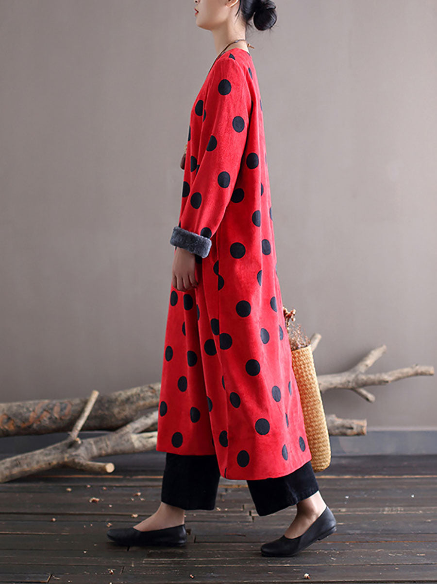 Polka Dot Corduroy Crew Neck Long Sleeve Oversized Midi Dress