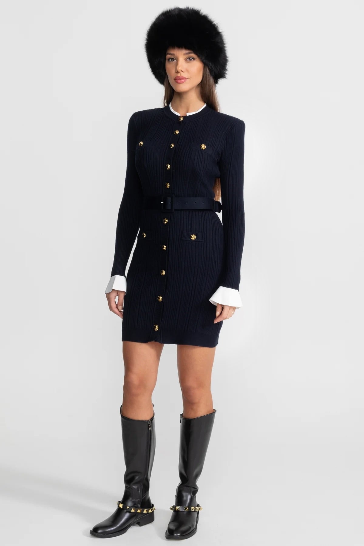 Ribbed Knit Button Front Belted Long Sleeve Contrast Cuff Bodycon Mini Dress 3