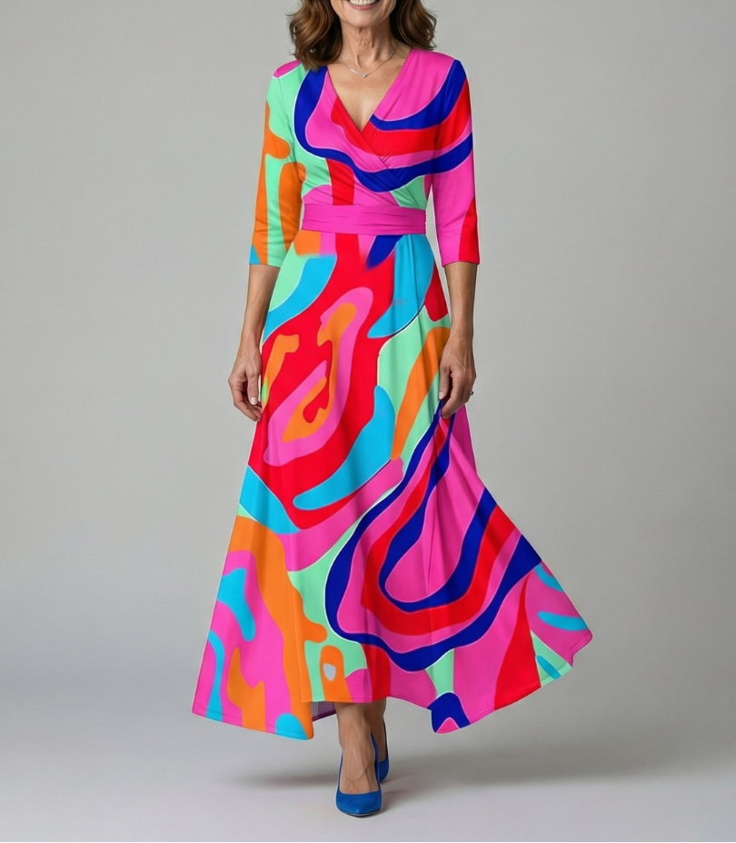Floral Print Wrap V-Neck Maxi Dress