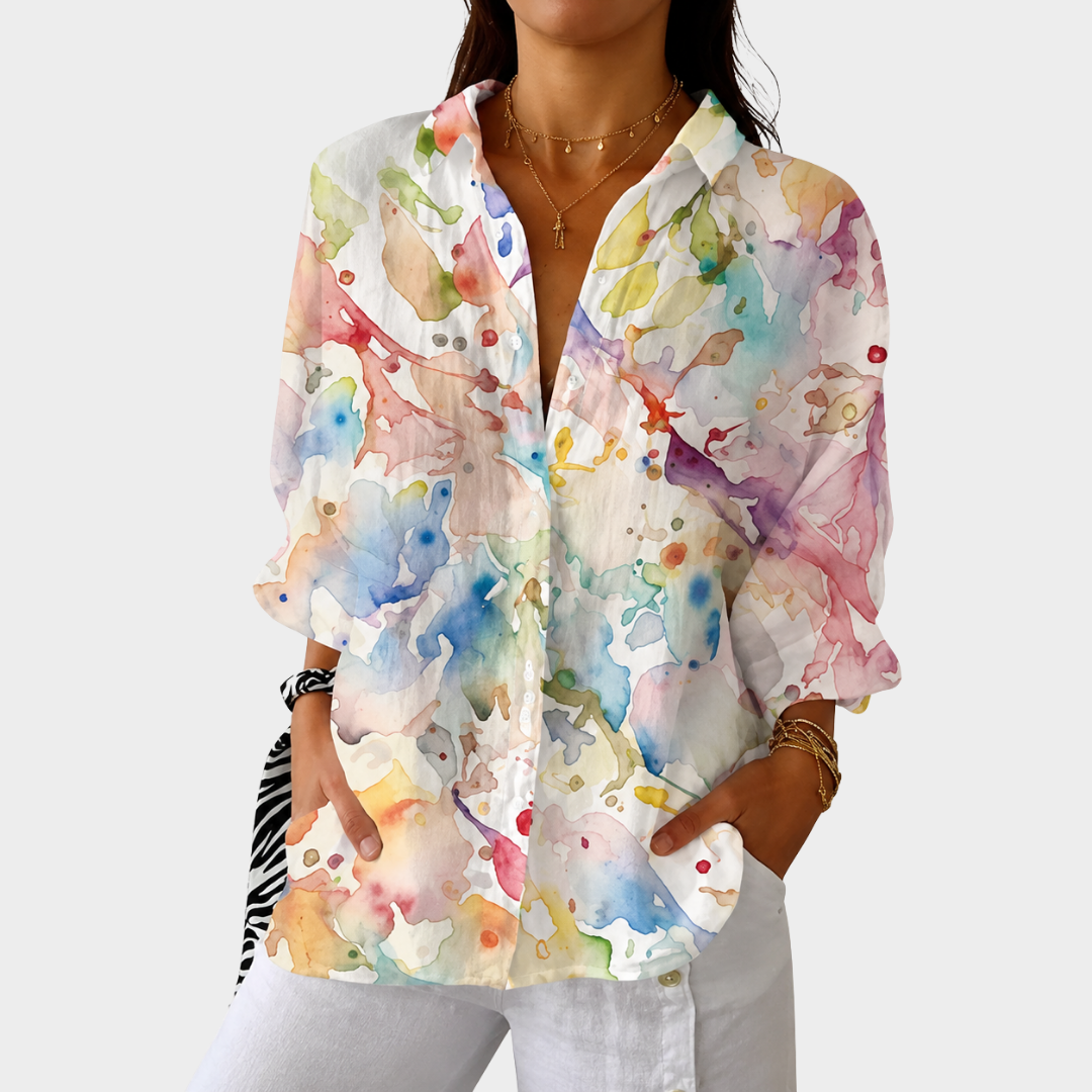 Watercolor Print Collared Long Sleeve Button Front Blouse