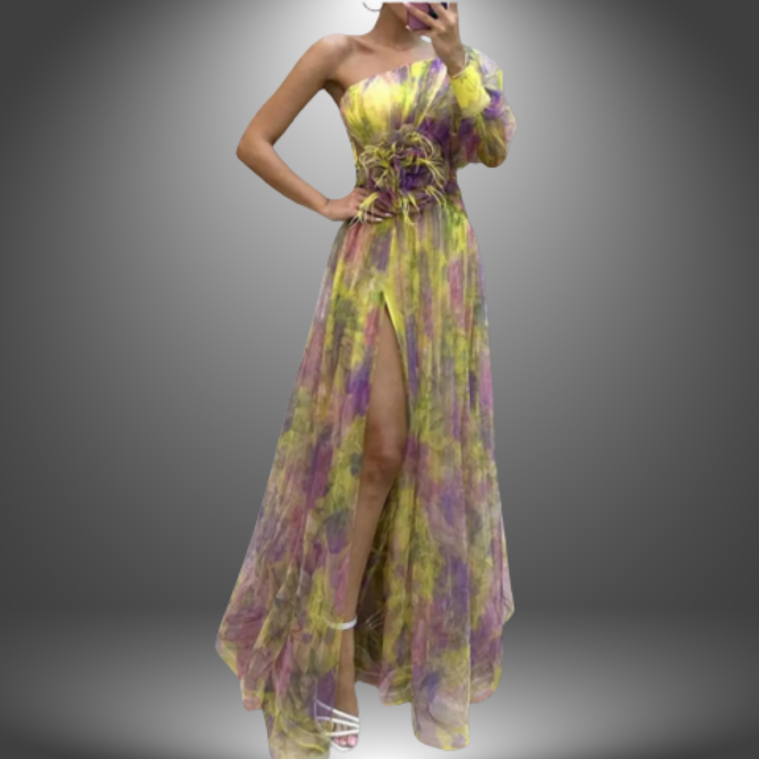 Watercolor Print One Shoulder Rosette Waist High Split Gown
