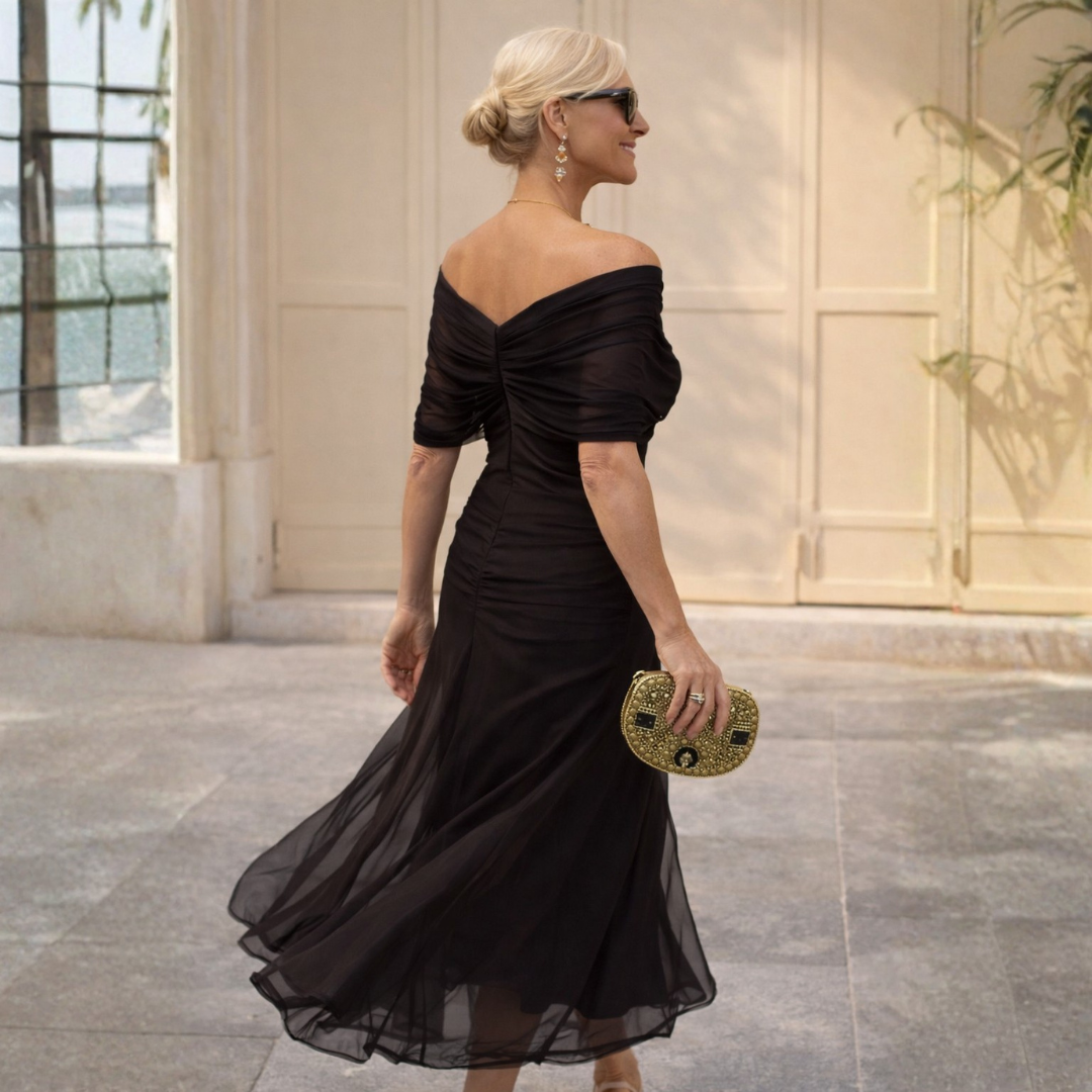 Chiffon V-Neck Ruched Short Sleeve Maxi Dress