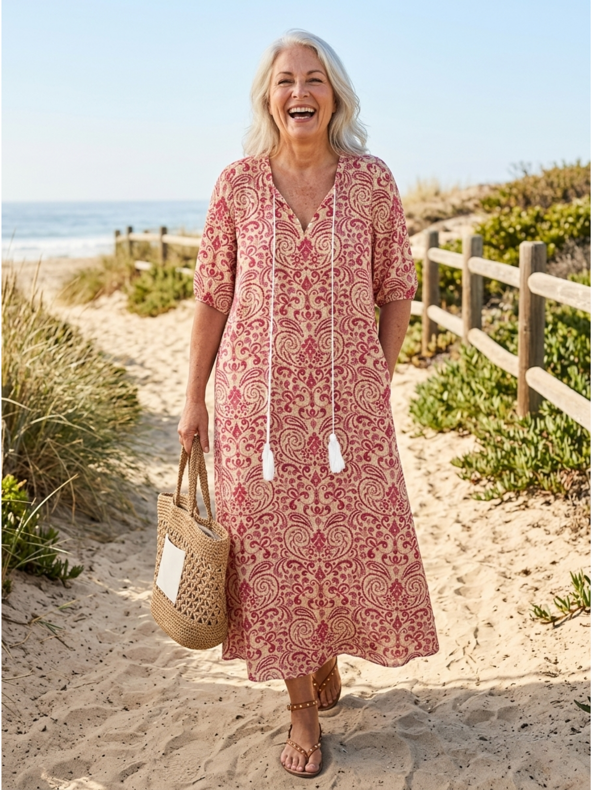 Ikat Print Tassel Tie Short Sleeve Tiered Maxi Dress