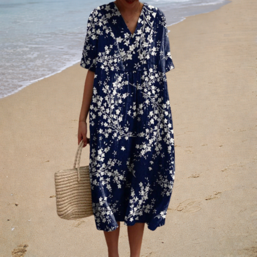 Floral V-Neck Short Sleeve Pleated Midi Dress Summer 2