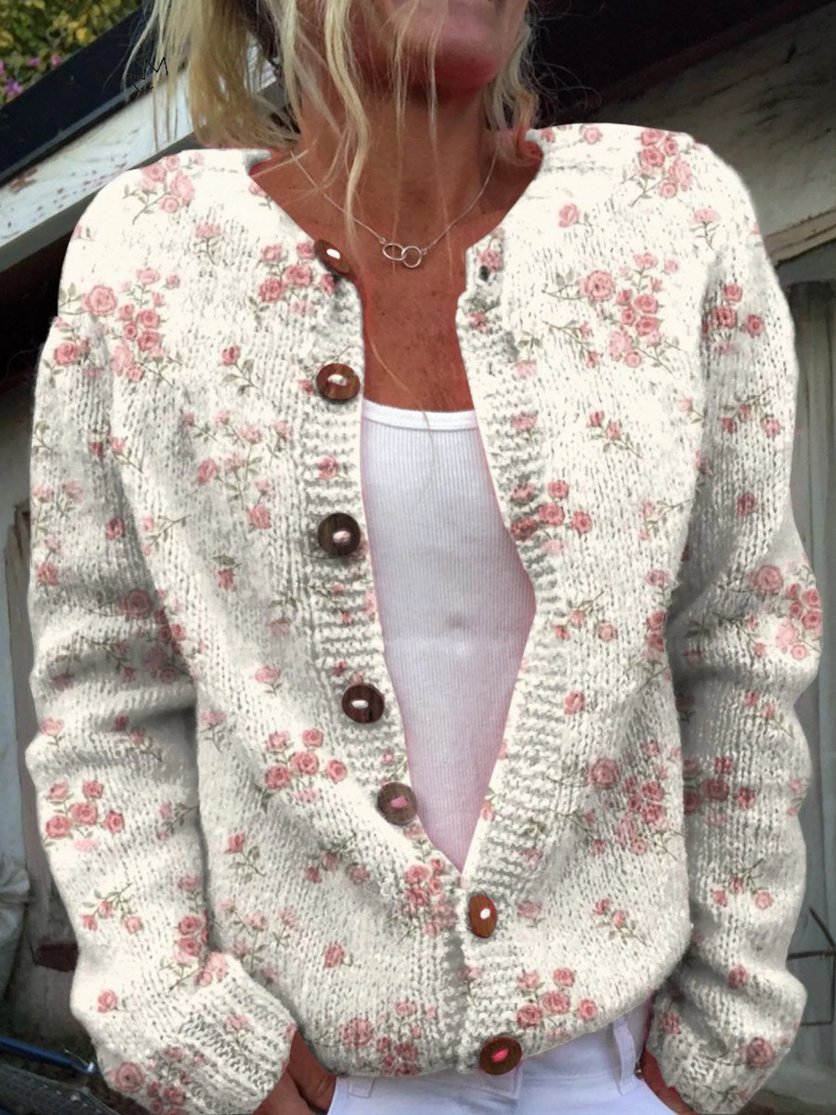 Ditsy Floral Round Neck Button Front Knit Cardigan