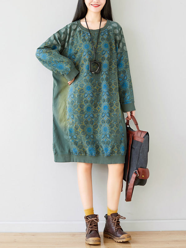 Crew Neck Printed Sweatshirt Dress