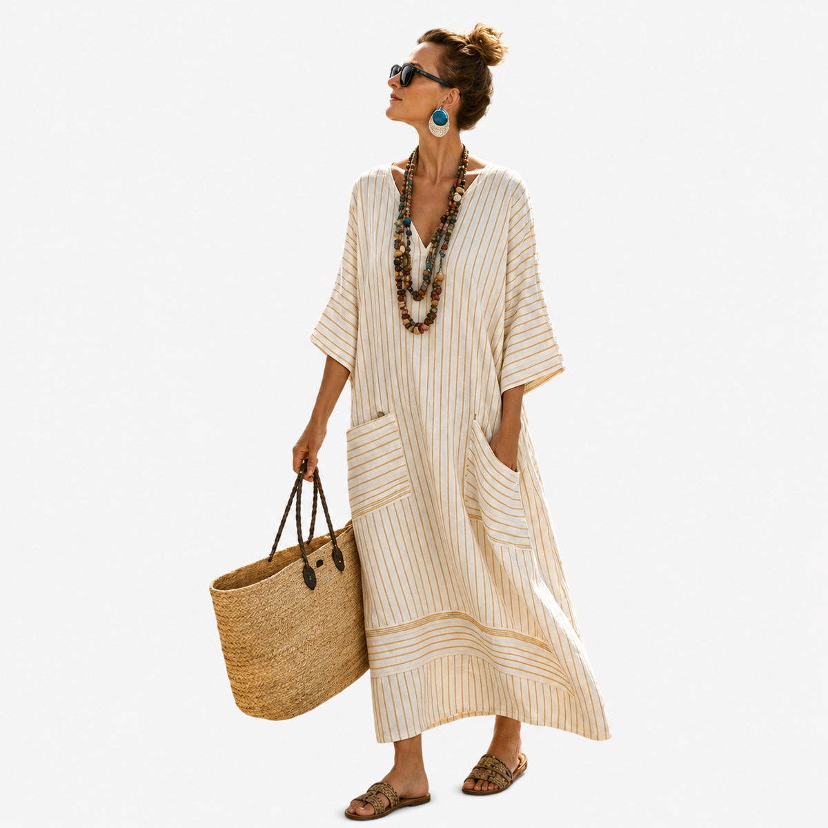 Striped V-Neck Pocket Kaftan Maxi Dress