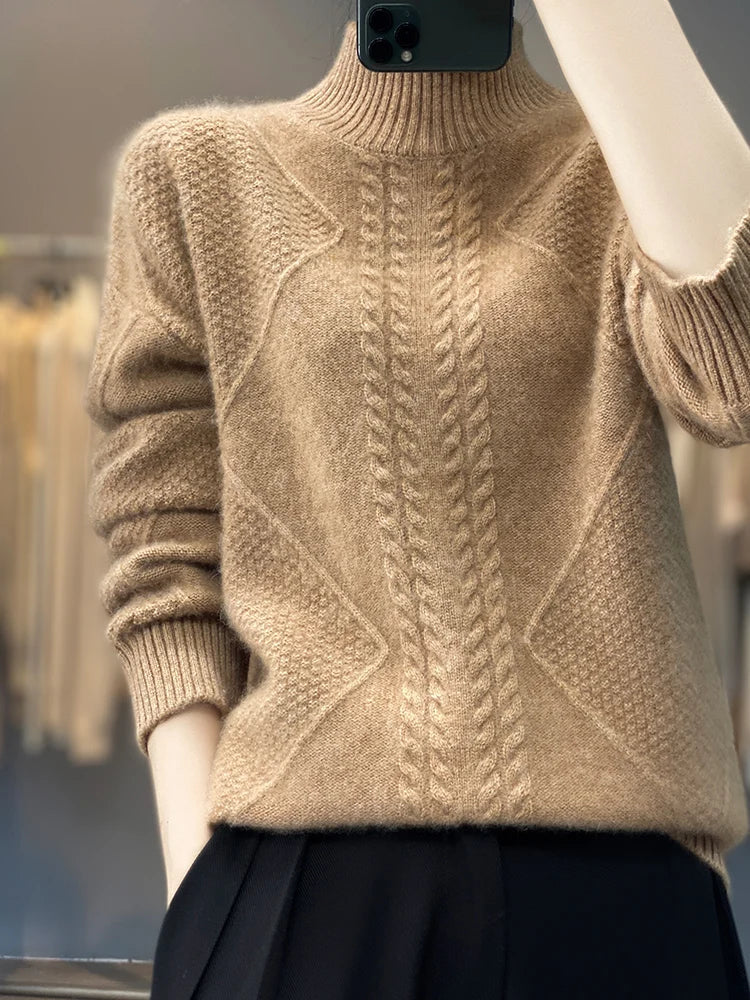 Mock Neck Long Sleeve Cable Knit Sweater