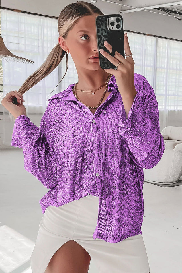 Sequin Collared V-Neck Long Sleeve Oversized Button Front Shirt 11