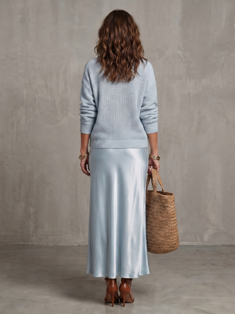 V-Neck Knit Sweater and Satin Slip Maxi Skirt Two Piece Set