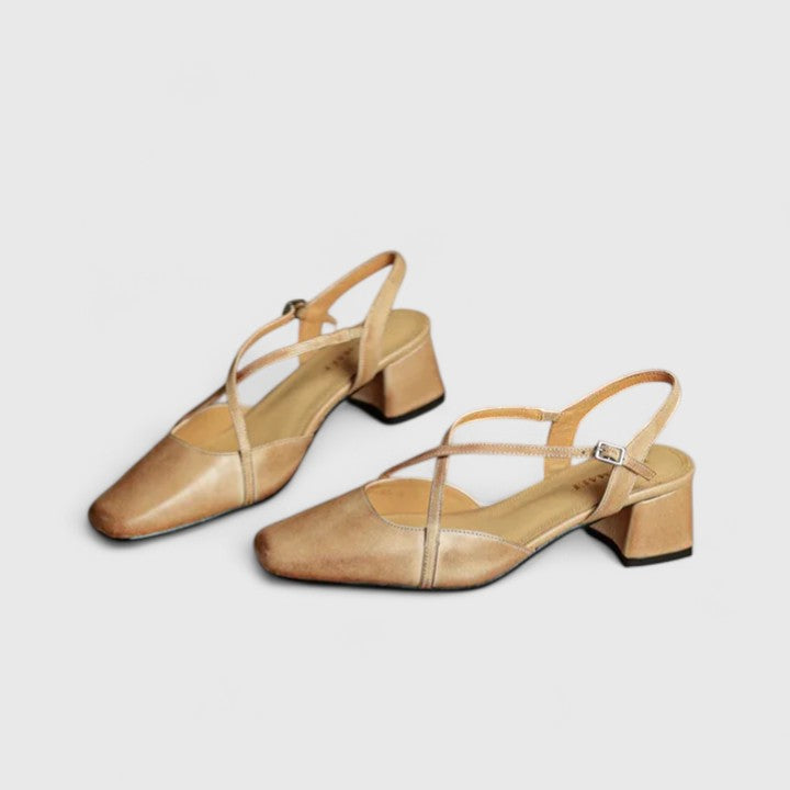 Square Toe Slingback Cross Strap Block Heel Pumps