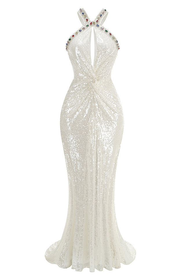 Sequin Halter Neck Jewel Keyhole Cut Out Mermaid Gown