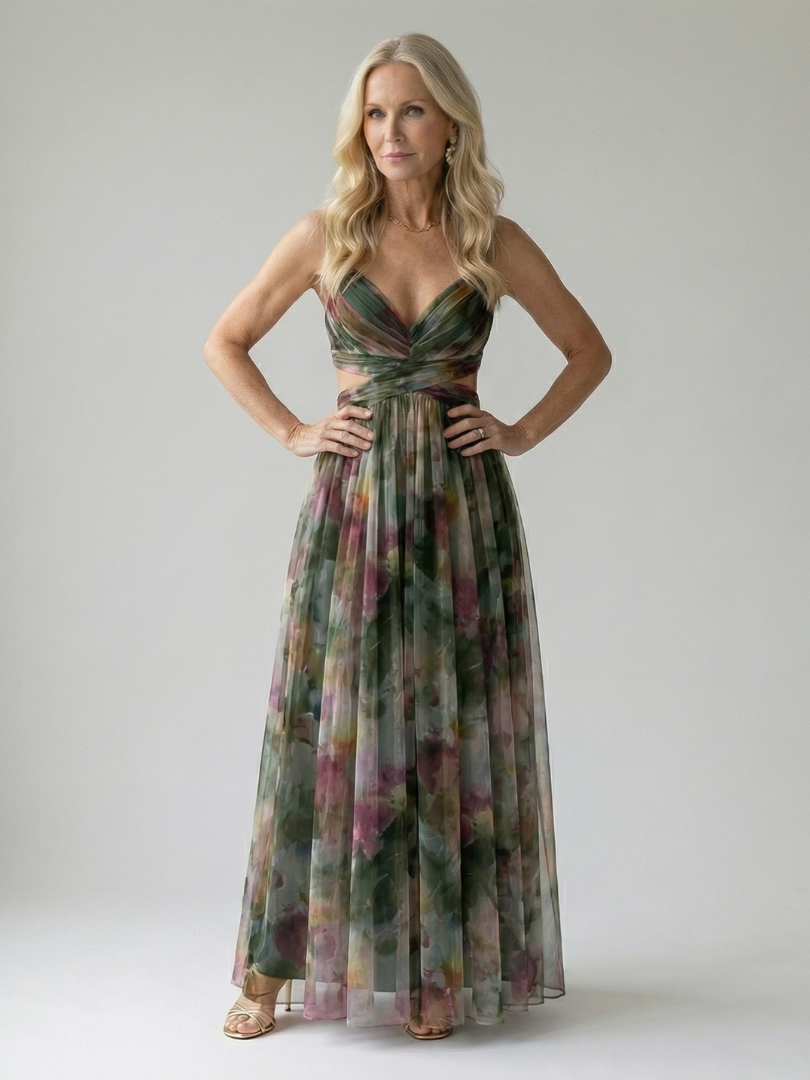 Floral V-Neck Twist Front Sleeveless Mesh Maxi Dress
