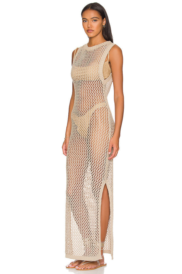 Crochet Knit Sleeveless High Neck Maxi Dress 13