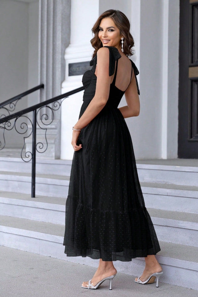 Tulle Swiss Dot Bustier Sweetheart Tie Shoulder Tiered Ruffle Maxi Dress