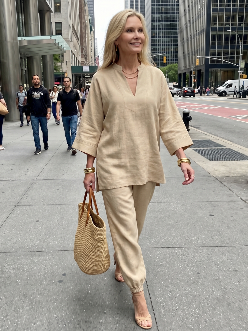 Notch V-Neck Tunic Top and Pants Two Piece Set