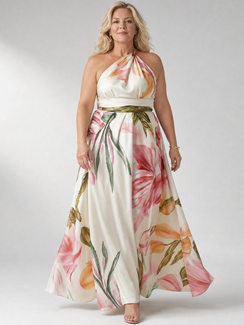 Floral Halter Neck One Shoulder Satin Maxi Dress