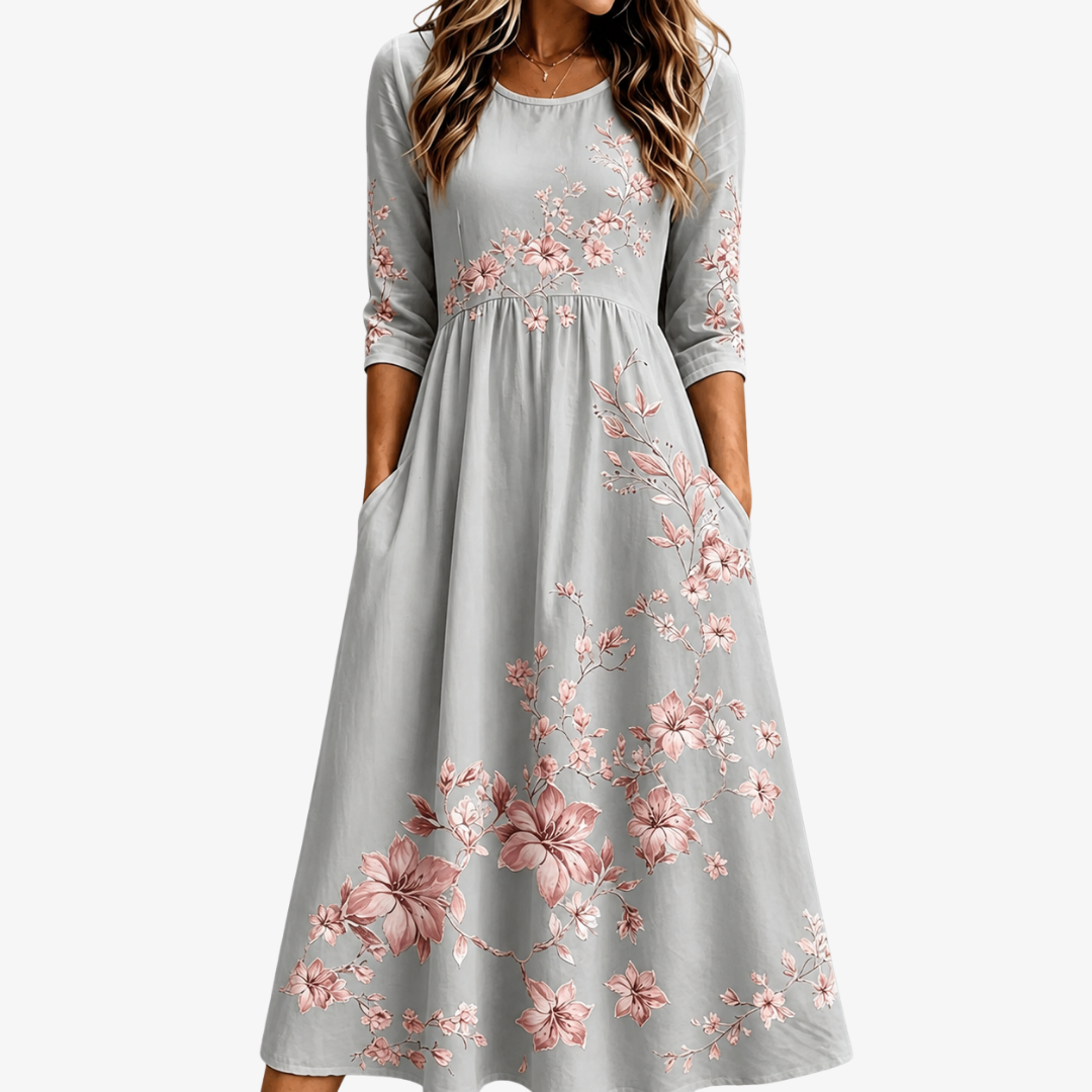 Floral Print Round Neck Pocket A-Line Midi Dress