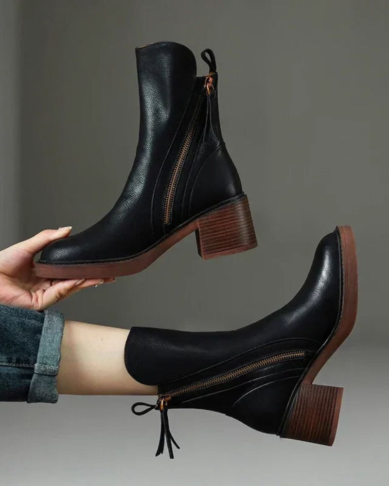Round Toe Front Zip Block Heel Ankle Boots