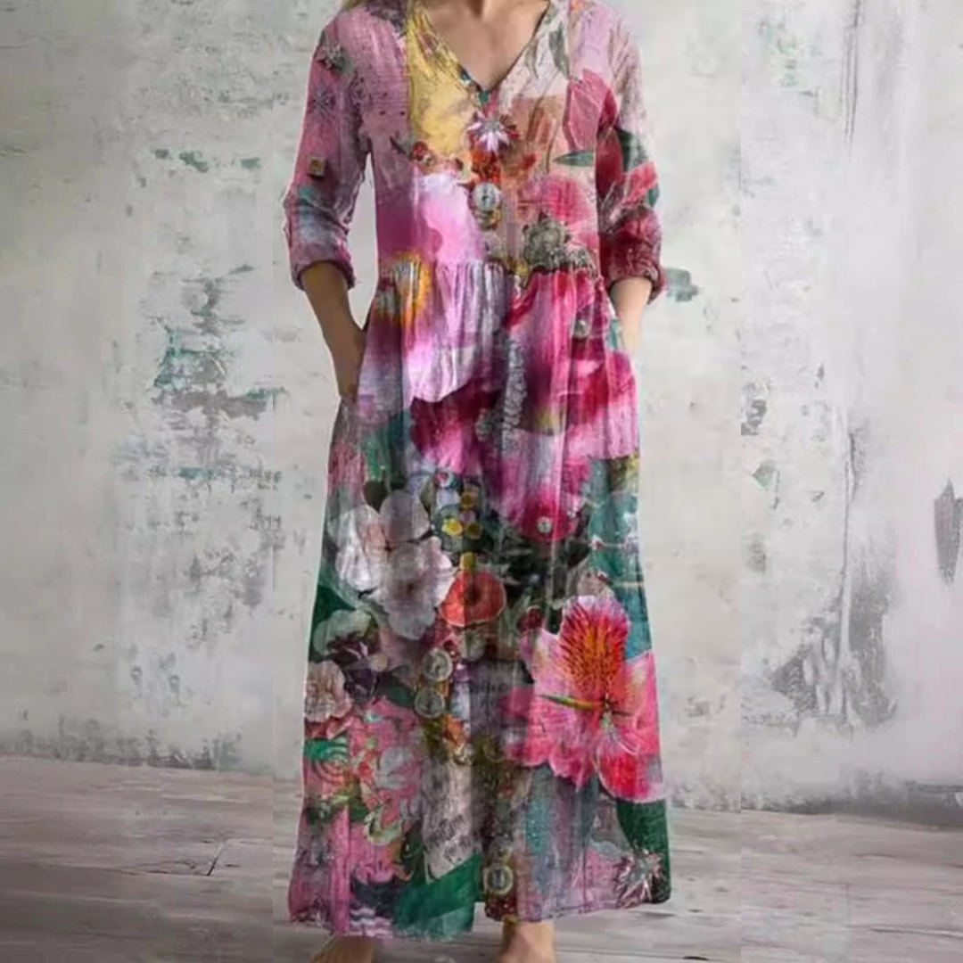 Floral Print V-Neck Long Sleeve Maxi Dress