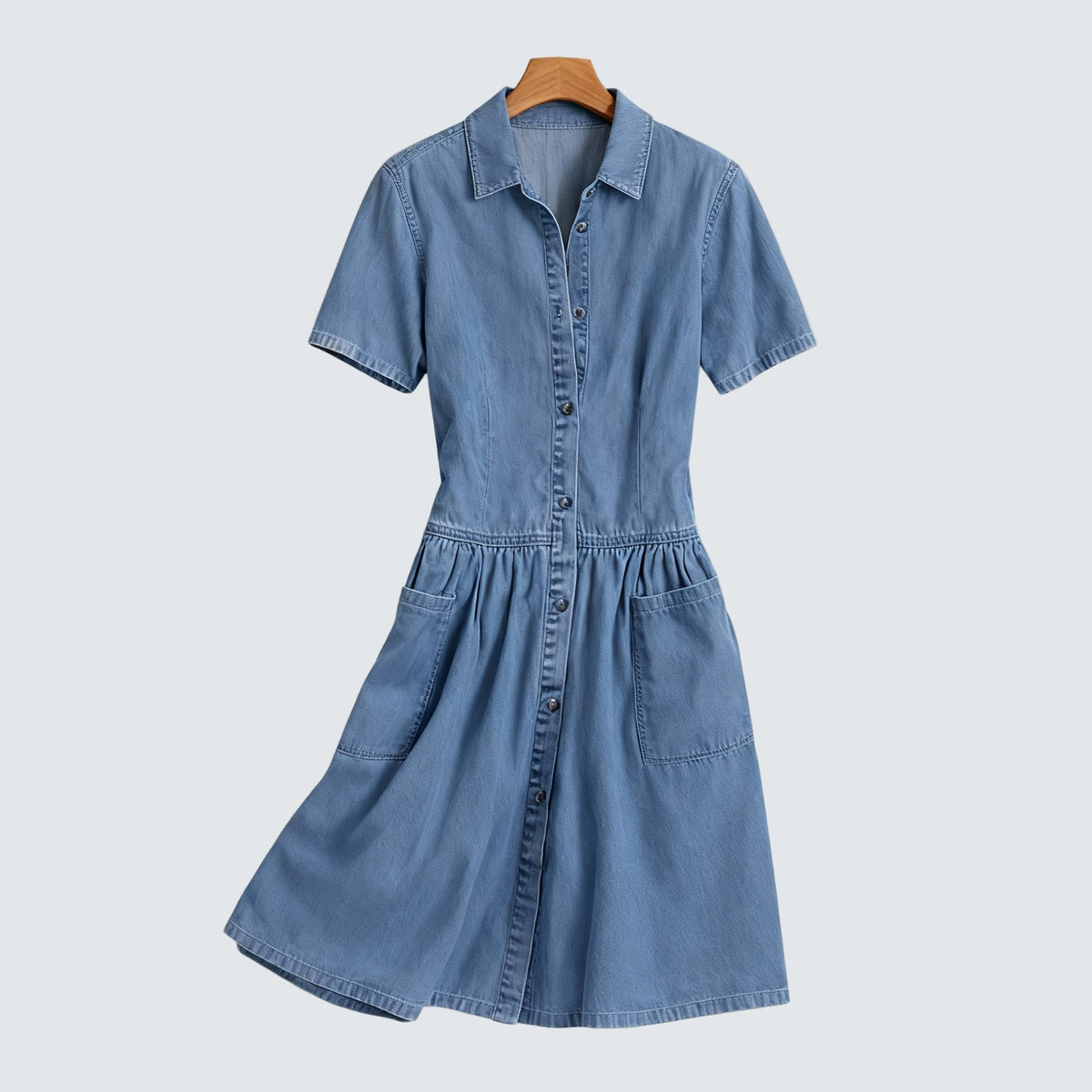 Denim Look Short Sleeve Button Front Shirt Dress