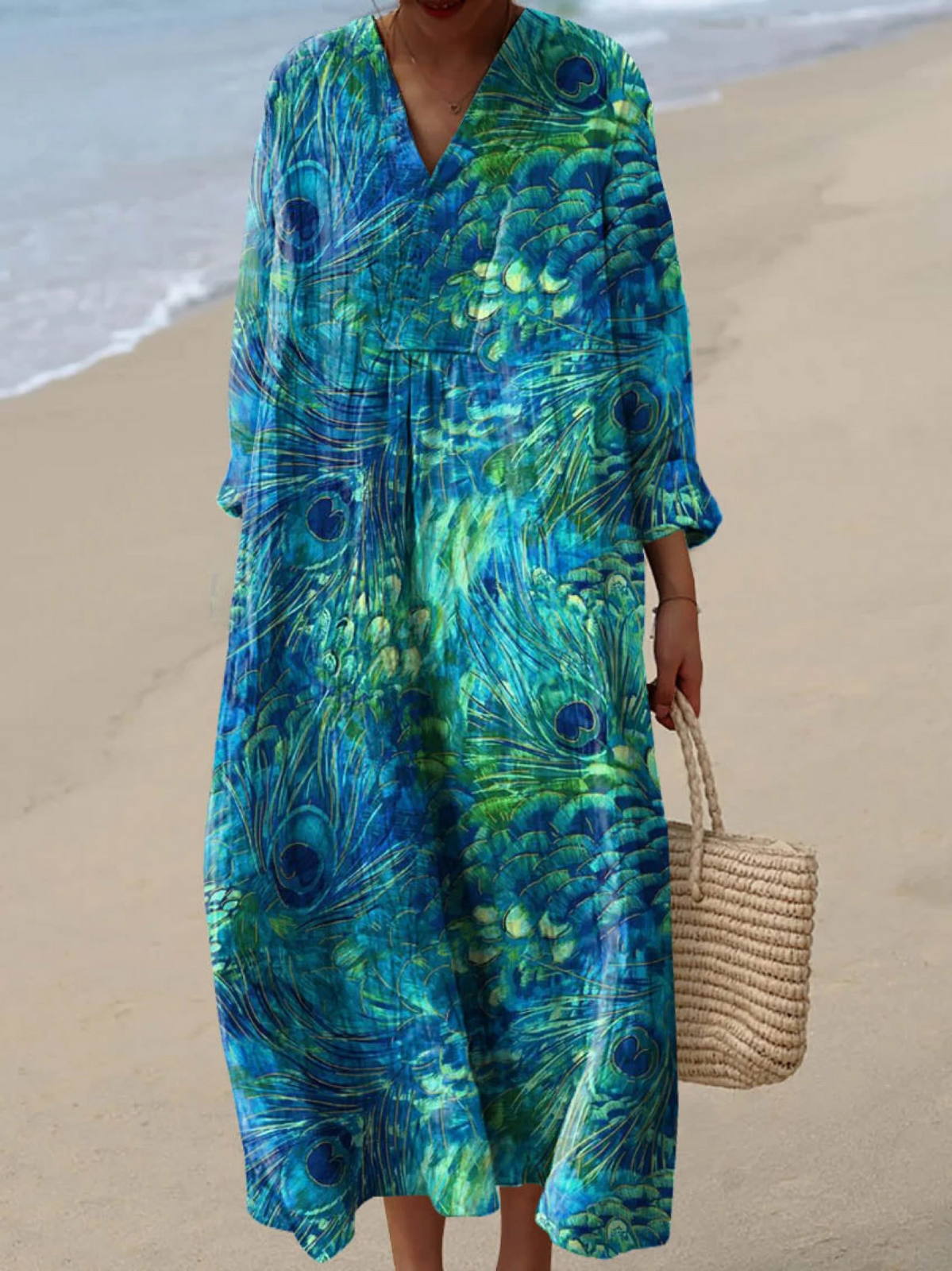 Peacock Feather Print V-Neck Long Sleeve Maxi Dress