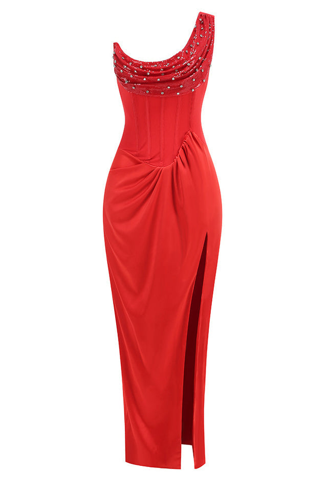 Velvet One Shoulder High Split Bodycon Maxi Dress