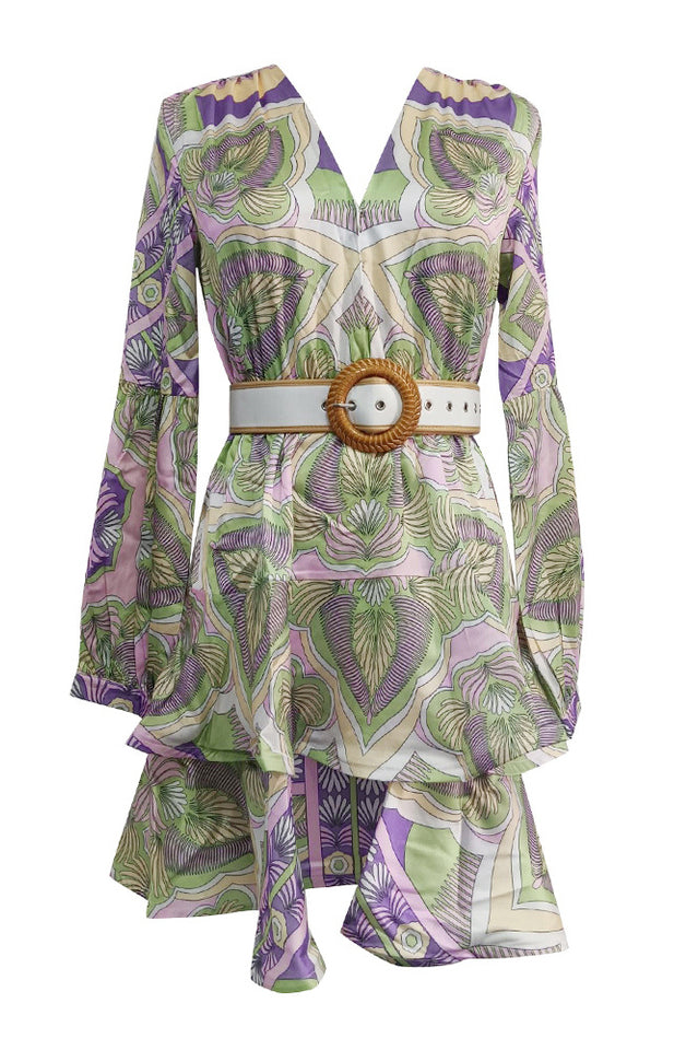 Paisley Print V-Neck Mini Dress With Belt