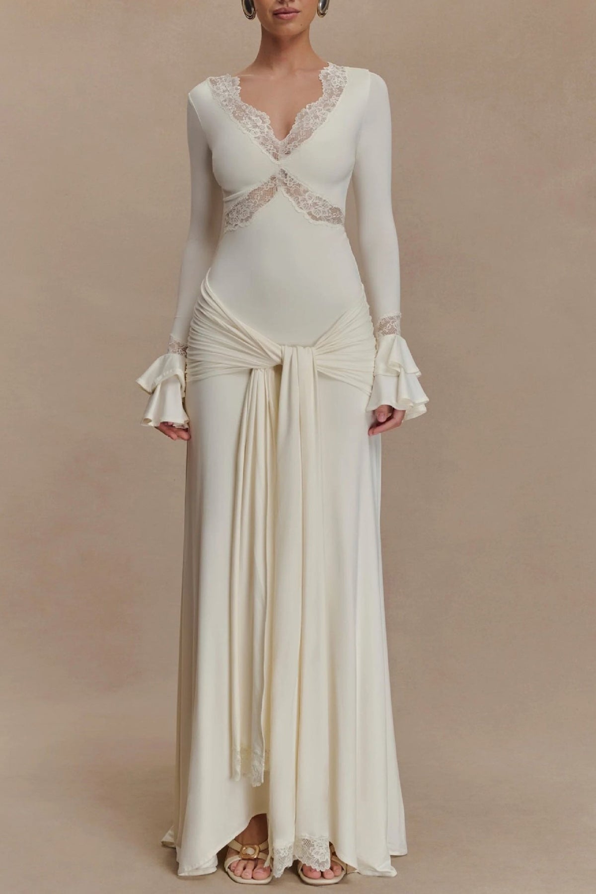 Lace Trim V-Neck Flare Sleeve Draped Hip Ruched Maxi Dress 14