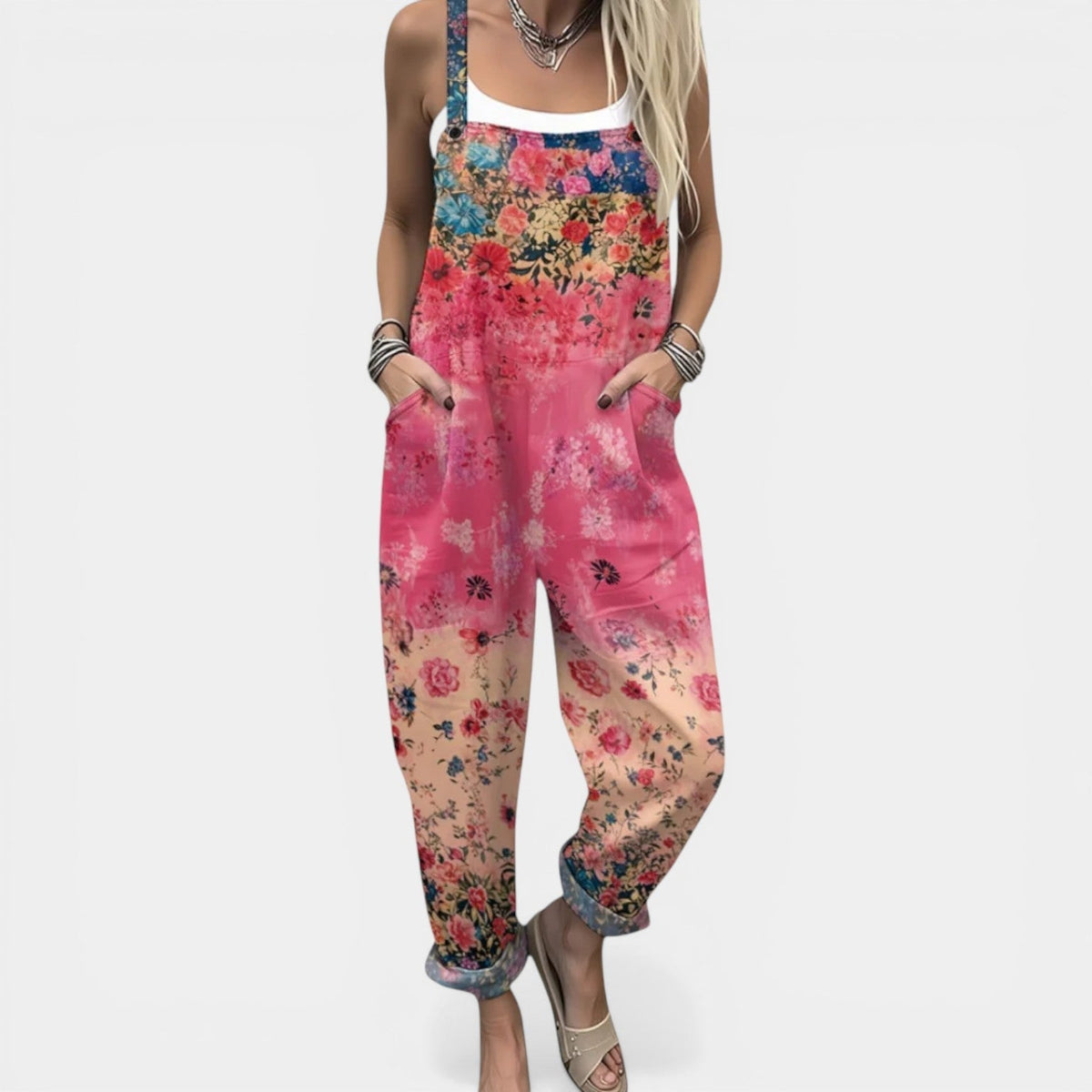 Ombre Floral Print Sleeveless Pocket Overall Jumpsuit