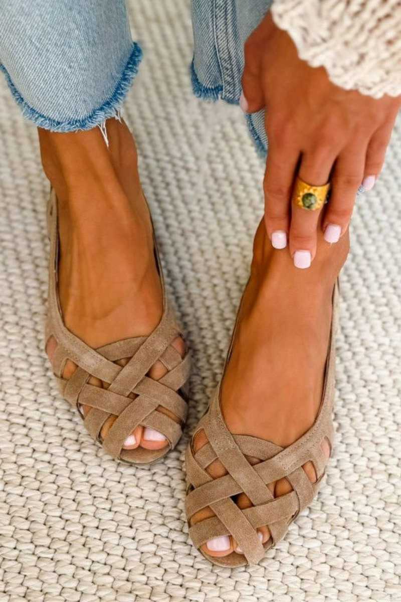 Woven Strap Peep Toe Suede Ballet Flats