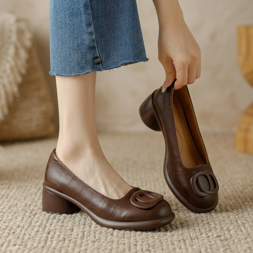 Round Toe Slip On Block Heel Loafers