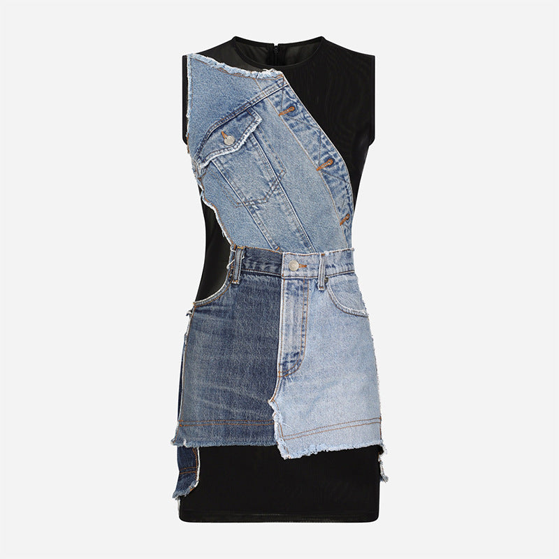 Patchwork Denim Overlay Sleeveless Sheer Mesh Bodycon Mini Dress 4