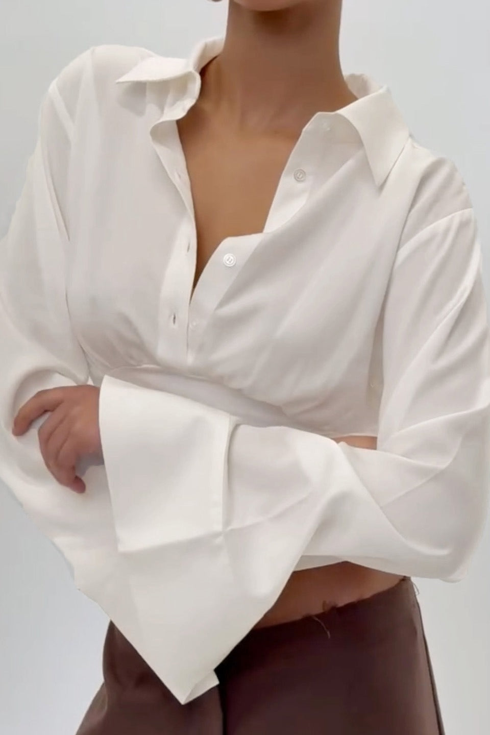 Collared Flare Sleeve Button Front Oversized Cropped Shirt