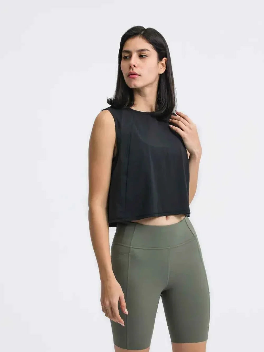 Round Neck Sleeveless Seam Detail Cropped Active Tank Top 21