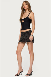 Sequin Floral Print High Waist Mini Skirt